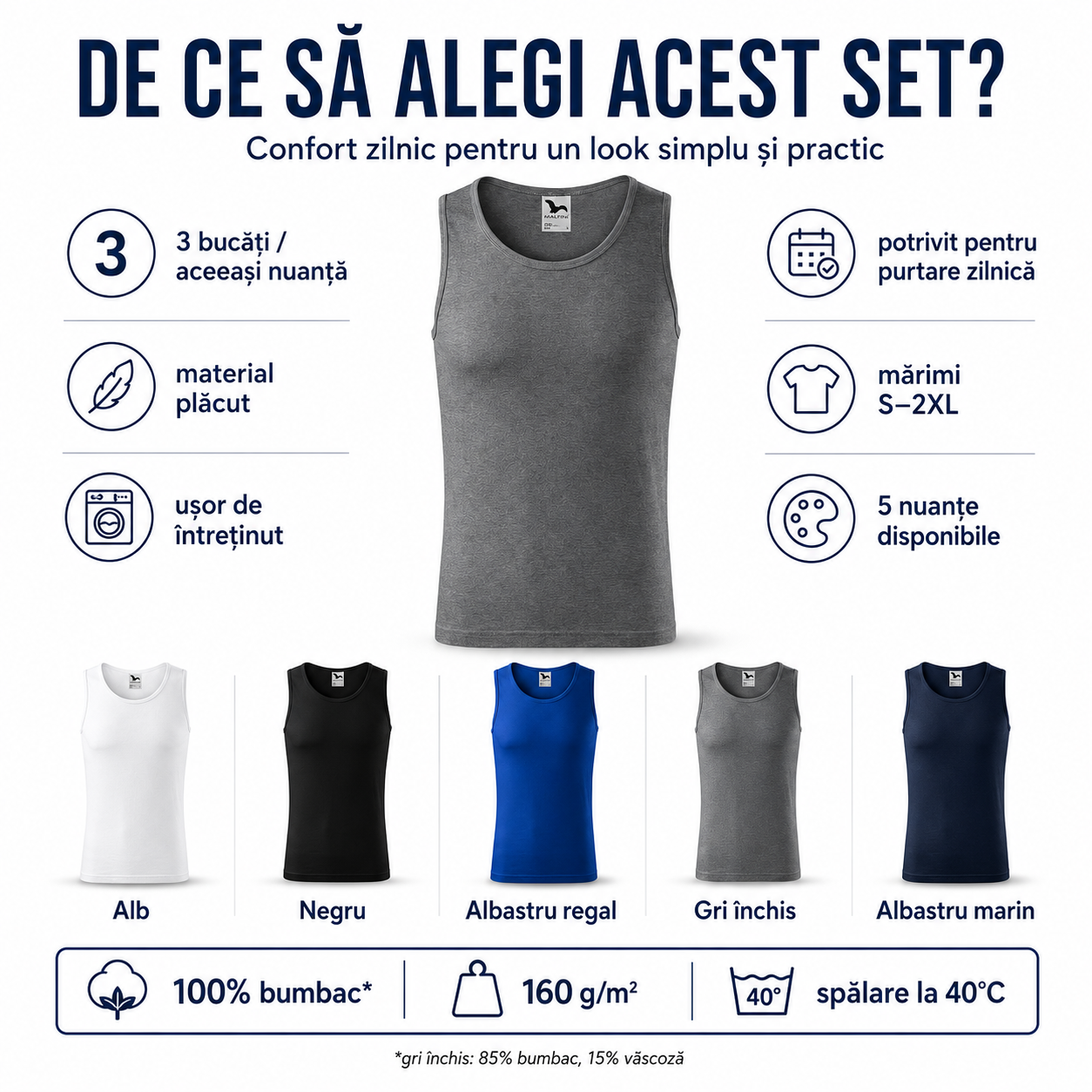 Set 3 maiouri bărbat 100% bumbac, maieu sport și casual, tricou fără m&acirc;neci, 3 bucăți aceeași nuanță